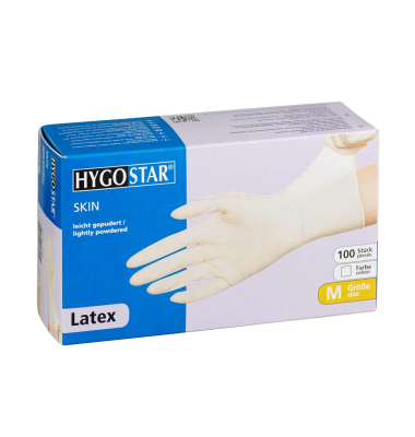 Einweghandschuhe Hygostar Skin, Latex, lebensmittelecht, weiß, Größe 8 / M,