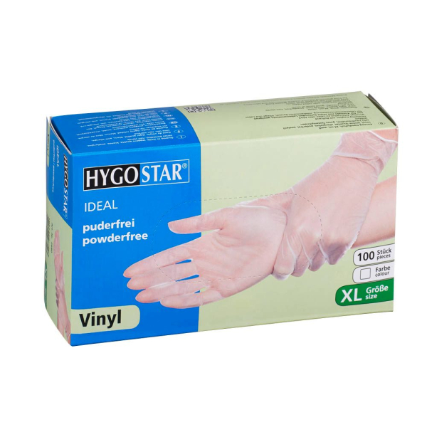 4015544268003 - Hygostar® Einweghandschuhe Vinyl IDEAL puderfrei transparent Latexfreie Einmalhandschuhe ideal für Allergiker unsteril 1 Packung = 100 Stück Größe XL
