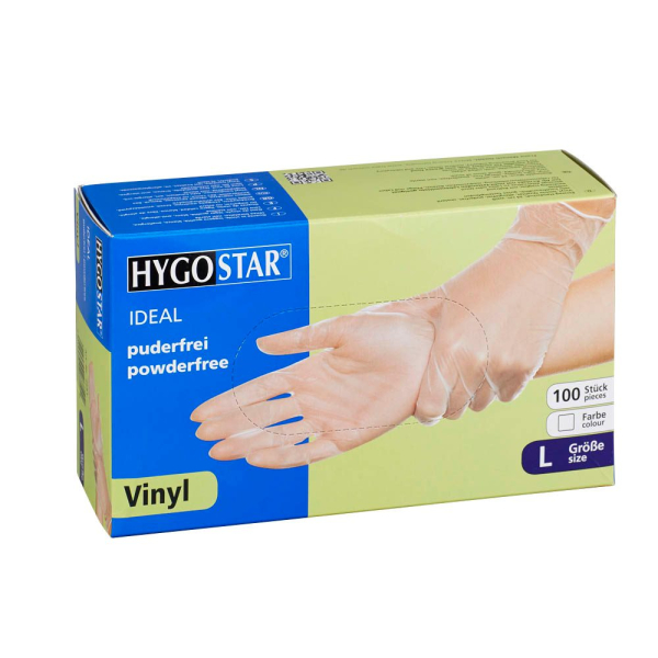 4015544268102 - Hygostar® Einweghandschuhe Vinyl IDEAL puderfrei transparent Latexfreie Einmalhandschuhe ideal für Allergiker unsteril 1 Packung = 100 Stück Größe L