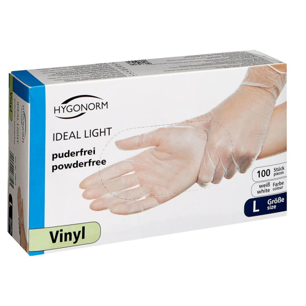 4015544268195 - Hygonorm® Vinylhandschuhe Ideal Light puderfrei transparent Einweghandschuh ist nur für Kontakt mit nicht-fettenden Lebensmitteln geeignet  1 Packung = 100 Stück Größe L