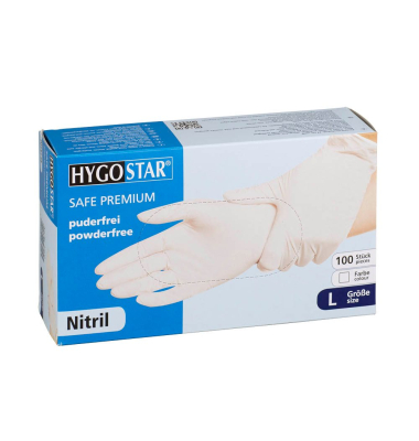 Einweghandschuhe Hygostar Safe Premium, Nitril, lebensmittelecht, weiß, Größe 9 / L,