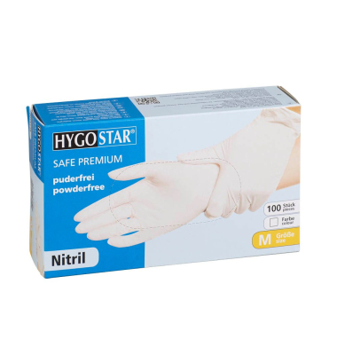 Einweghandschuhe Hygostar Safe Premium, Nitril, lebensmittelecht, weiß, Größe 8 / M,