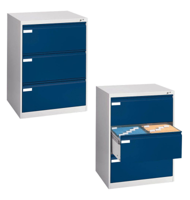 Hängeregistraturschränke doppelbahnig, 3 Schubfächer, lichtgrau/blau