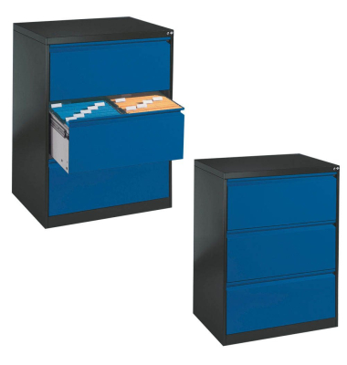 Hängeregistraturschränke doppelbahnig, 3 Schubfächer, anthrazit/blau