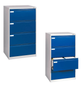 Hängeregistraturschränke doppelbahnig, 4 Schubfächer, lichtgrau/blau