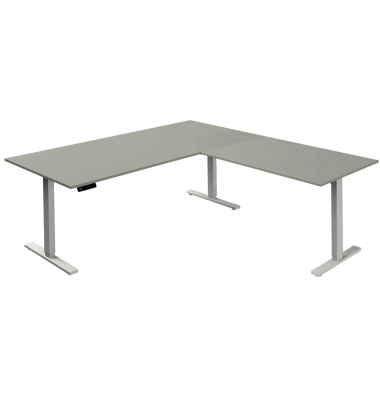 Sitz-Steh-Schreibtisch Move 3, elektrisch höhenverstellbar, 72-120cm (H), 200x100cm (BxT), L-Form, lichtgrau / weiß