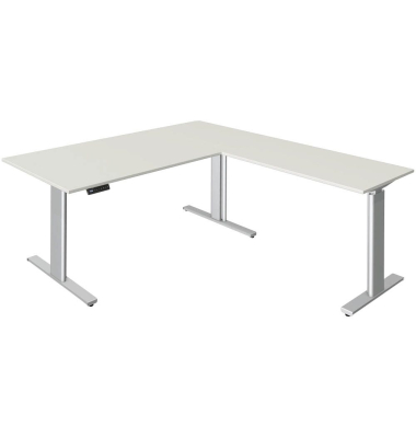 Sitz-Steh-Schreibtisch Move 3, elektrisch höhenverstellbar, 72-120cm (H), 180x80cm (BxT), L-Form, weiß / silber