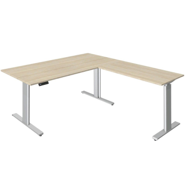 Sitz-Steh-Schreibtisch Move 3, elektrisch höhenverstellbar, 72-120cm (H), 180x80cm (BxT), L-Form, ahorn / silber
