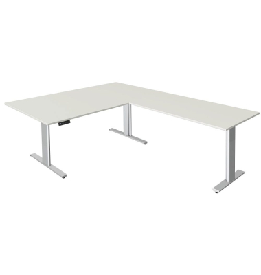 Sitz-Steh-Schreibtisch Move 3 tube, elektrisch h&ouml;henverstellbar, 72-120cm (H), 200x100cm (BxT), L-Form, wei&szlig; / silber
