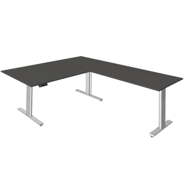 Sitz-Steh-Schreibtisch Move 3, elektrisch höhenverstellbar, 72-120cm (H), 200x100cm (BxT), L-Form, anthrazit / silber