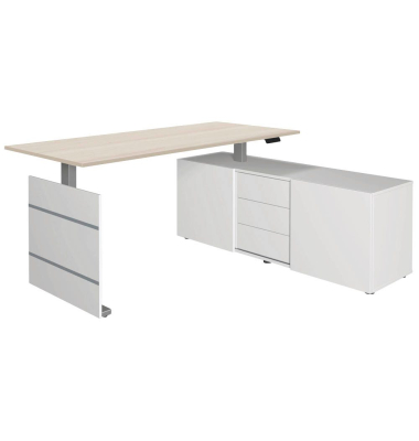 Sitz-Steh-Schreibtischkombination Move 3, elektrisch h&ouml;henverstellbar 72-120cm (H), 180x80cm (BxT), rechteckig, ahorn / silber/w