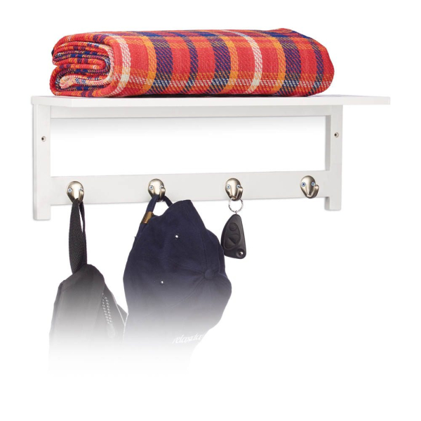 4052025209230 - Wandregal mit 4 Haken HxBxT 175 x 50 x 16 cm Bambus Handtuchhalter Wandgarderobe freischwebend weiß - Relaxdays