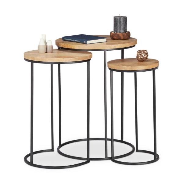 4052025247102 - Beistelltisch 3er Set runde Ablage Satztische in 3 Größen ineinander stellbar Metall und Mangoholz natur - Relaxdays 4052025247102 - Beistelltisch 3er Set runde Ablage Satztische in 3 Größen ineinander stellbar Metall und Mangoholz natur - Relaxdays