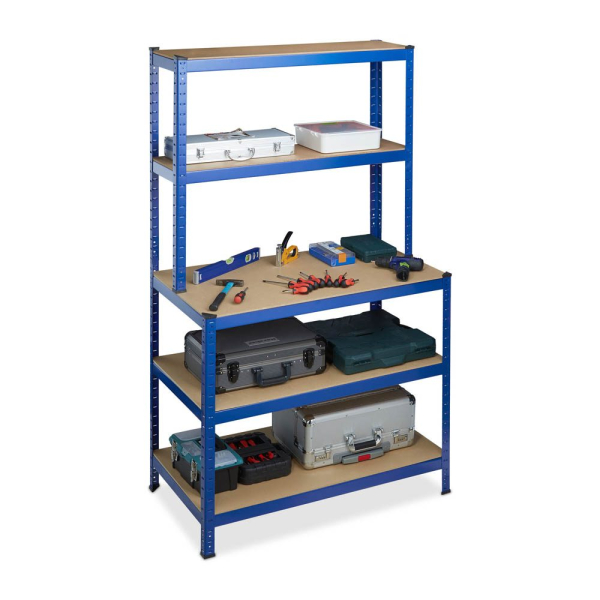 4052025267575 - Schwerlastregal mit Werkbank Traglast 900 kg 5 Ebenen zum Stecken Keller 180x100x60 cm Stahl mdf blau - Relaxdays 4052025267575 - Schwerlastregal mit Werkbank Traglast 900 kg 5 Ebenen zum Stecken Keller 180x100x60 cm Stahl mdf blau - Relaxdays