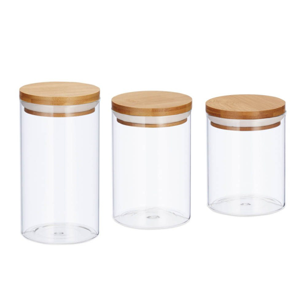 4052025279936 - Vorratsdosen Glas 3er Set Größen 500 700 1000 ml für Pasta Reis Müsli Kaffee d 95 cm Bambus natur - Relaxdays 4052025279936 - Vorratsdosen Glas 3er Set Größen 500 700 1000 ml für Pasta Reis Müsli Kaffee d 95 cm Bambus natur - Relaxdays