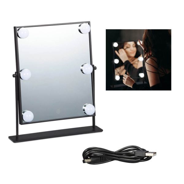 4052025917098 - Hollywood Spiegel mit led Beleuchtung Touch-Steuerung 3 Lichtstufen 6 Glühbirnen Batterie o usb schwarz - Relaxdays 4052025917098 - Hollywood Spiegel mit led Beleuchtung Touch-Steuerung 3 Lichtstufen 6 Glühbirnen Batterie o usb schwarz - Relaxdays