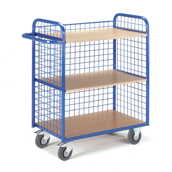 4250448502116 - Rollcart Etagenwagen mit 3 Gitterwänden 1070mm hoch und 3 Ladeflächen 1000x490mm im Buchendekor ohne Rand 4250448502116 - Rollcart Etagenwagen mit 3 Gitterwänden 1070mm hoch und 3 Ladeflächen 1000x490mm im Buchendekor ohne Rand