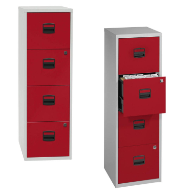H&auml;ngeregistraturschrank PFA4F506 PFA 4, lichtgrau/kardinalrot, 4 Schubladen, 1-bahnig