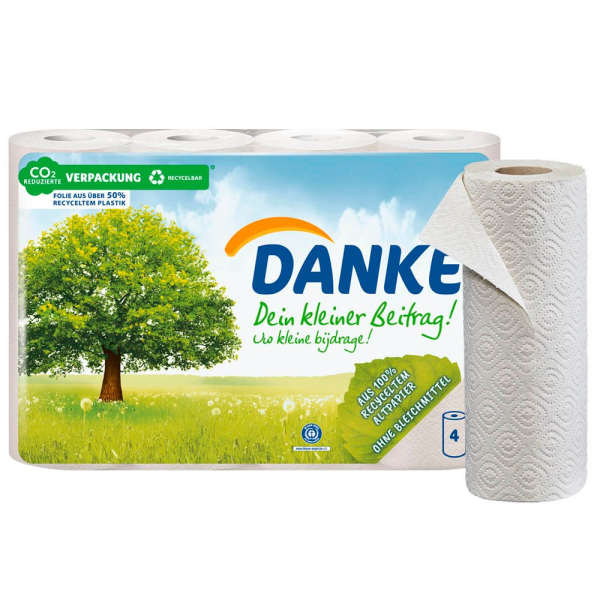 4006670363519 - Danke Haushaltsrollen aus 100%-Recyclingpapier Küchenpapier 3-lagig weiß 1 Packung = 4 Küchenrollen 4006670363519 - Danke Haushaltsrollen aus 100%-Recyclingpapier Küchenpapier 3-lagig weiß 1 Packung = 4 Küchenrollen