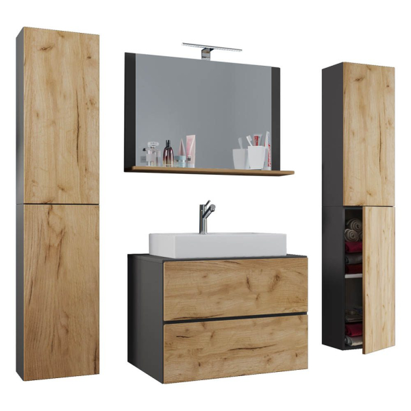 4051814385957 - Badblock Lendas XL 80cm Unterschrank + Spiegel + 2 Seitenschränke Anthrazit Honig-Eiche 4051814385957 - Badblock Lendas XL 80cm Unterschrank + Spiegel + 2 Seitenschränke Anthrazit Honig-Eiche