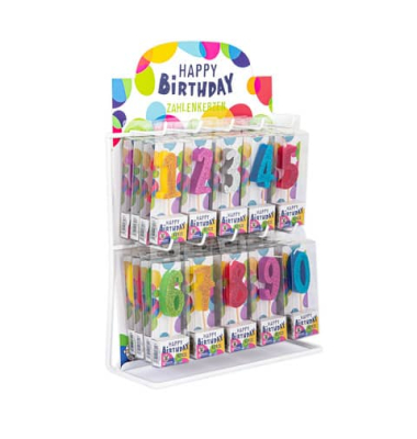 Geburtstagskerze Mini Glitter  957719 Zahl 0-9 Pink, Lila, Blau, Grün, Gelb und Silber.  