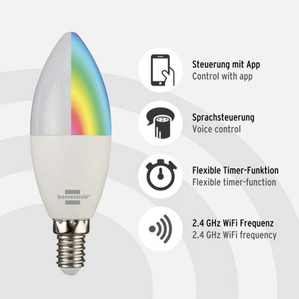 4007123672080 - Brennenstuhl - LED-Leuchtmittel eek g (a - g) Smart Connect E14 Kaltweiß Warmweiß rgb 4007123672080 - Brennenstuhl - LED-Leuchtmittel eek g (a - g) Smart Connect E14 Kaltweiß Warmweiß rgb