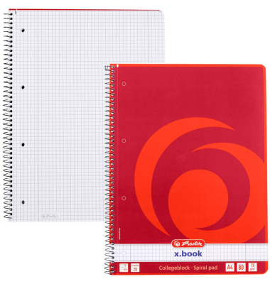 Collegeblock 306456 x.book, Lineatur 28 / kariert mit Rand innen/außen, A4, 70g, rot, 80 Blatt