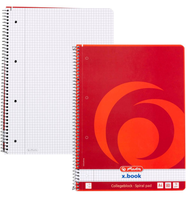 Collegeblock 10834117 x.book, Lineatur 22 / kariert mit Rand innen, A4, 70g, rot, 80 Blatt