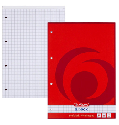 Briefblock 733436 x.book, Lineatur 28 / kariert, A4, 70g, rot, 100 Blatt