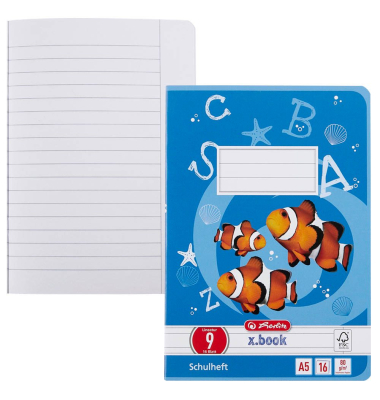 Schulheft 3320900 x.book, Lineatur 9 / liniert mit weißem Rand, A5, 80g, blau, 16 Blatt / 32 Seiten