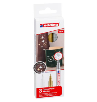 Lackmarker Glanzlackmarker, 751-3-999, Packung, gold/silber/weiß, 1-2mm Rundspitze