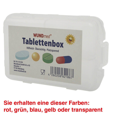 Tablettenbox farbsortiert (rot, grün, blau, gelb, transparent)
