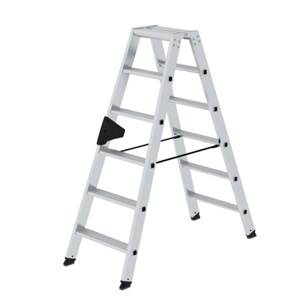 4031405402126 - Munk Stufen-Stehleiter 2 x 6 Stufen Aluminium Rechteckrohr-Holme 80 mm geriffelte Stufen 150 kg belastbar nivello® Leiterschuhe ergo-pad® Griffzone