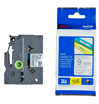 P-touch Schriftband TZe-M921 9mm x 8m schwarz/silber laminiert selbstklebend