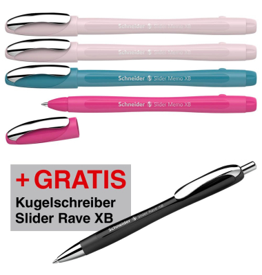 AKTION: Schneider Kugelschreiber Slider Memo farbsortiert, Schreibfarbe: blau + GRATIS Schneider Kugelschreiber Slider Rave XB b