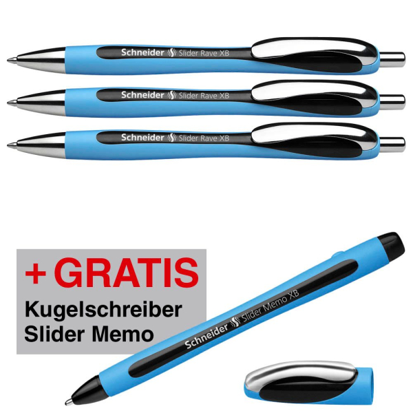 4004675186751 - AKTION Kugelschreiber Slider Rave XB blau Schreibfarbe schwarz + GRATIS Kugelschreiber Slider Memo XB 400 3 Stück 4004675186751 - AKTION Kugelschreiber Slider Rave XB blau Schreibfarbe schwarz + GRATIS Kugelschreiber Slider Memo XB 400 3 Stück