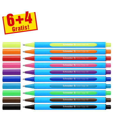 6 + 4 GRATIS: Schneider Kugelschreiber Slider Edge farbsortiert, Schreibfarbe: farbsortiert + GRATIS