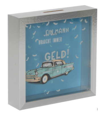 Spardose Kasten (mittel) 746112 , "Ein Mann von Welt braucht immer Geld!"