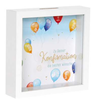Spardose Kasten (mittel) 746050 , "Zu Deiner Konfirmation die besten W&uuml;nsche"