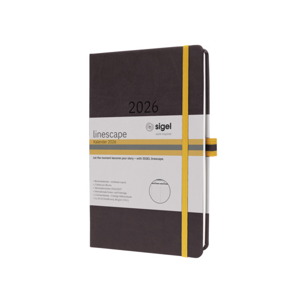 Sigel Buchkalender L2607, Linescape, dunkelgrau, gelb, 1 Woche / 2 Seiten, 14,8x21,3cm (ca. A5), 2026 4004360768071 Sigel