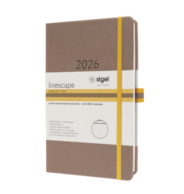 Buchkalender L2605, braun, gelb, 1 Woche / 2 Seiten, 14,8x21,3cm (A5), 2026