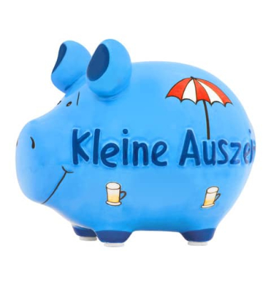 Spardose Schwein (klein) 101875 , "Kaffeetasse, Sunnenschirm,Text Kleine Auszeit"