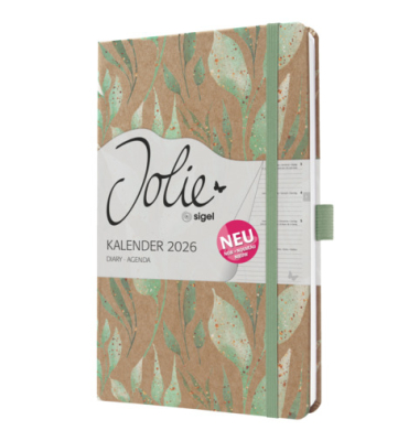 Buchkalender J6803, gold, braun, mintgrün, 1 Woche / 2 Seiten, 13,5x20,3cm (A5), 2026