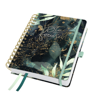 Buchkalender J6603, schwarz, grün, gold, 1 Woche / 2 Seiten, 16,8x21,5cm (A5), 2026