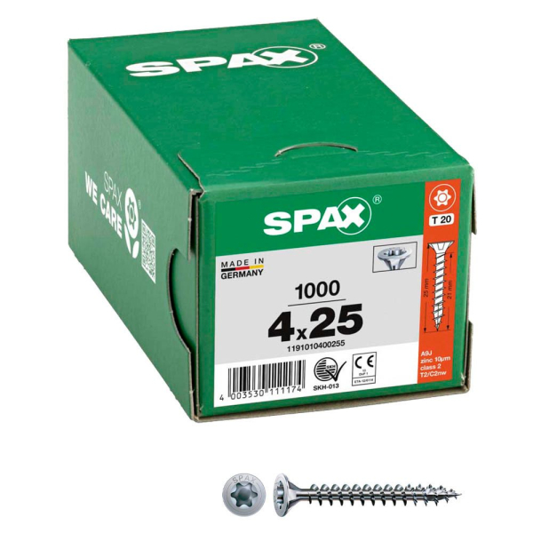 4003530111174 - Universalschraube 4 x 25 mm 1000 Stück Vollgewinde Senkkopf t-star plus T20 4CUT wirox - 1191010400255 - Spax 4003530111174 - Universalschraube 4 x 25 mm 1000 Stück Vollgewinde Senkkopf t-star plus T20 4CUT wirox - 1191010400255 - Spax