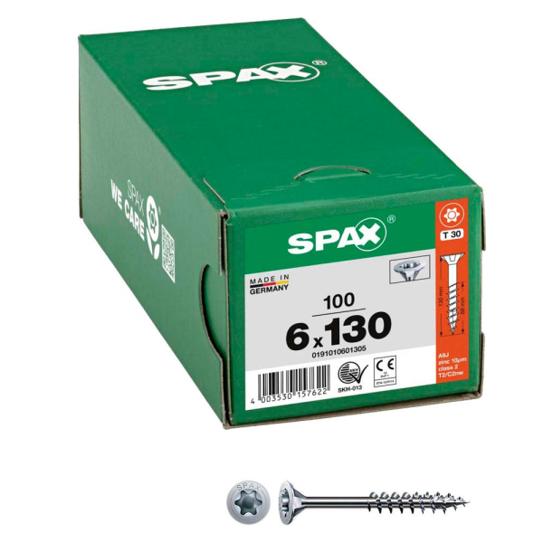 4003530157622 - Universalschraube 6 x 130 mm 100 Stück Teilgewinde Senkkopf t-star plus T30 4CUT wirox - 0191010601305 - Spax 4003530157622 - Universalschraube 6 x 130 mm 100 Stück Teilgewinde Senkkopf t-star plus T30 4CUT wirox - 0191010601305 - Spax