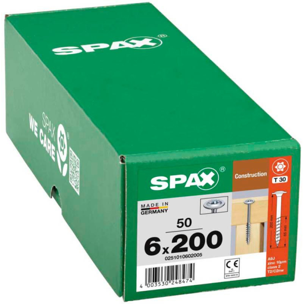 4003530248474 - Hiforce 6 x 200 mm 50 Stück Teilgewinde Tellerkopf t-star plus T30 4CUT wirox - 0251010602005 - Spax 4003530248474 - Hiforce 6 x 200 mm 50 Stück Teilgewinde Tellerkopf t-star plus T30 4CUT wirox - 0251010602005 - Spax