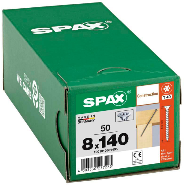 4003530257285 - Holzbauschraube 80 x 140 mm 50 Stück Vollgewinde Senkkopf t-star plus CUT-Spitze wirox - 1201010801405 - Spax