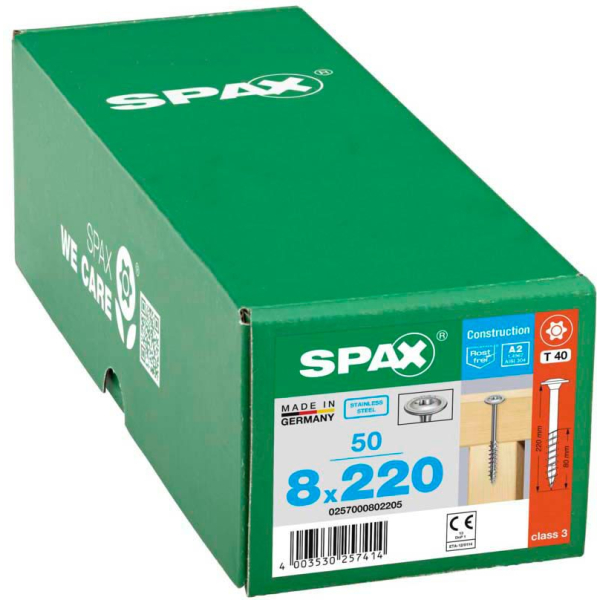 4003530257414 - Hiforce 8 x 220 mm 50 Stück Teilgewinde Tellerkopf t-star plus T40 4CUT Edelstahl rostfrei A2 - 0257000802205 - Spax 4003530257414 - Hiforce 8 x 220 mm 50 Stück Teilgewinde Tellerkopf t-star plus T40 4CUT Edelstahl rostfrei A2 - 0257000802205 - Spax
