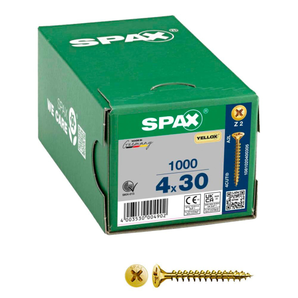 4003530004902 - Universalschraube 4 x 30 mm 1000 Stück Vollgewinde Senkkopf Kreuzschlitz Z2 4CUT yellox - 1081020400305 - Spax 4003530004902 - Universalschraube 4 x 30 mm 1000 Stück Vollgewinde Senkkopf Kreuzschlitz Z2 4CUT yellox - 1081020400305 - Spax